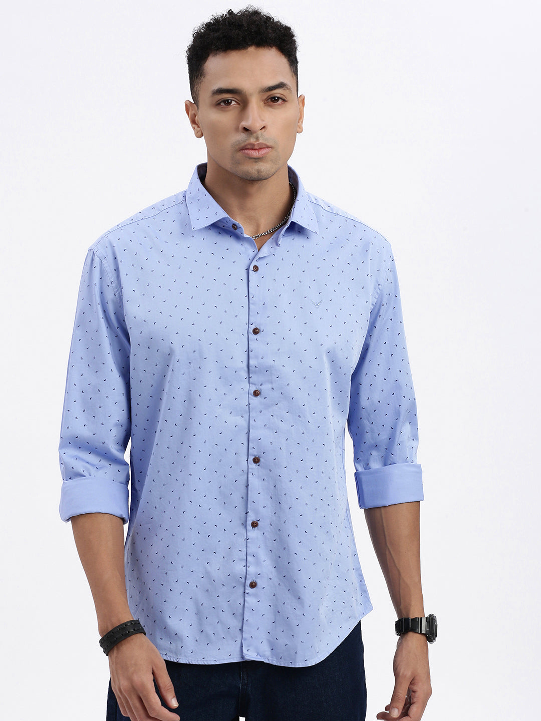 Men Blue Micro Print Slim Fit Shirt