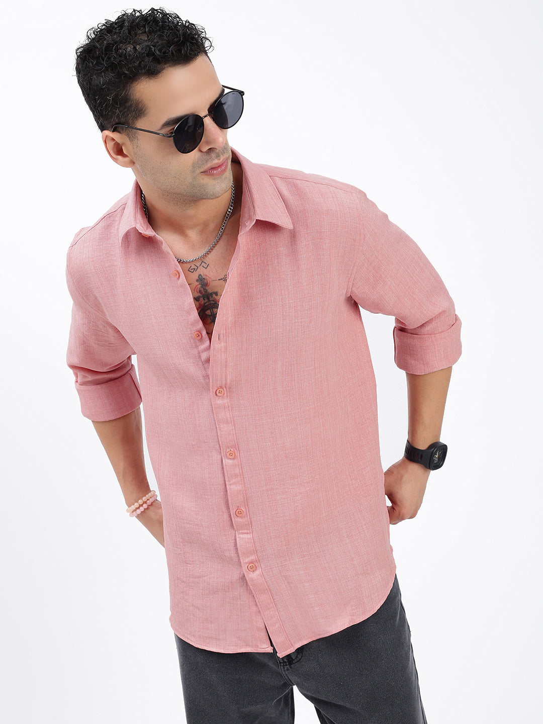 Men Solid Peach Slim Fit Shirt