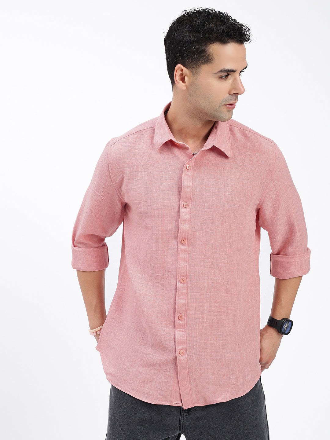 Men Solid Peach Slim Fit Shirt