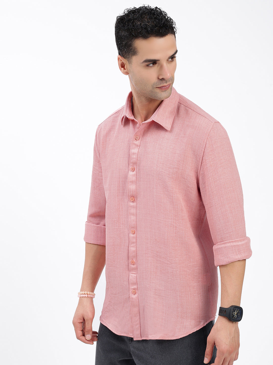 Men Solid Peach Slim Fit Shirt