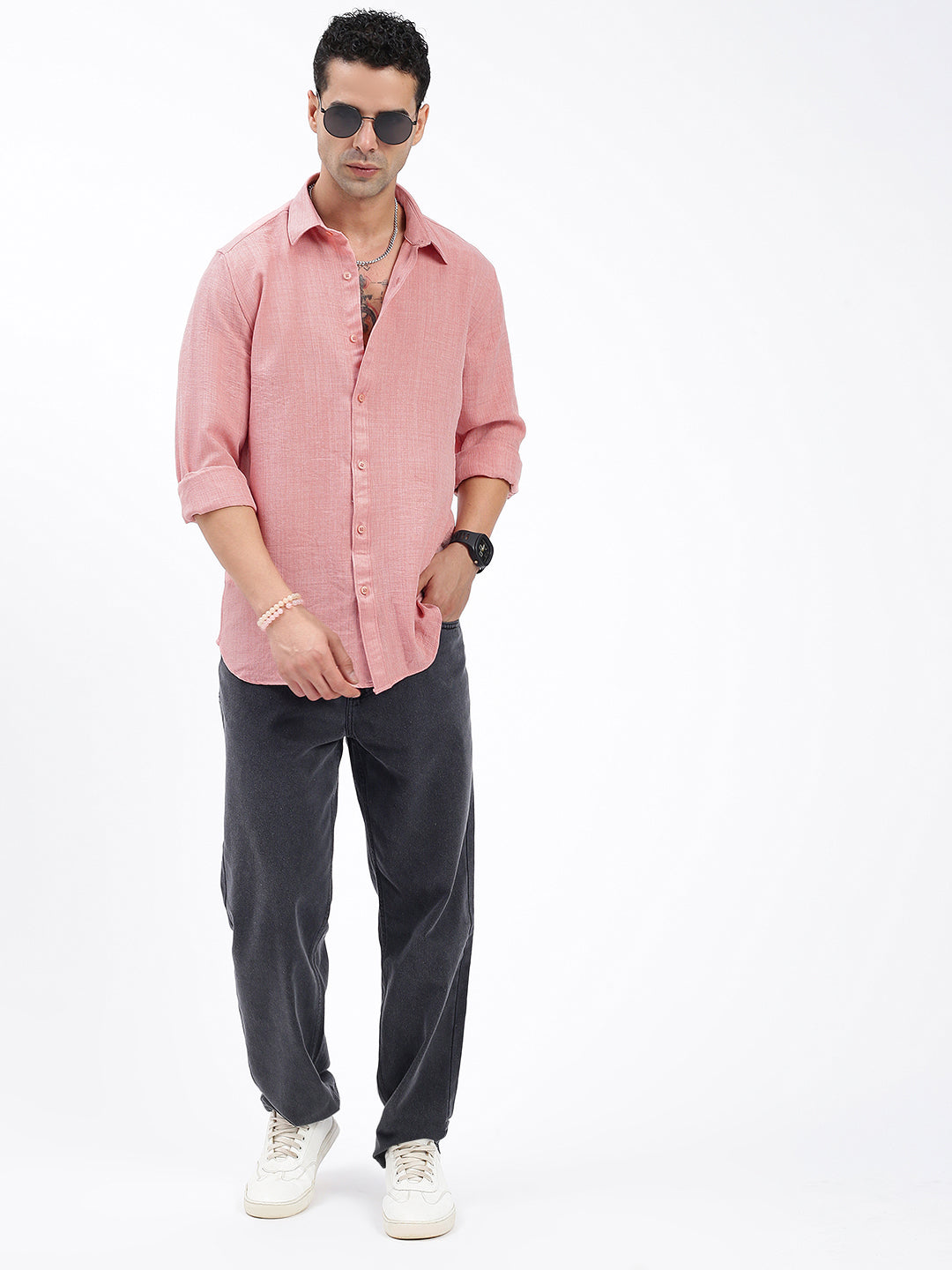 Men Solid Peach Slim Fit Shirt