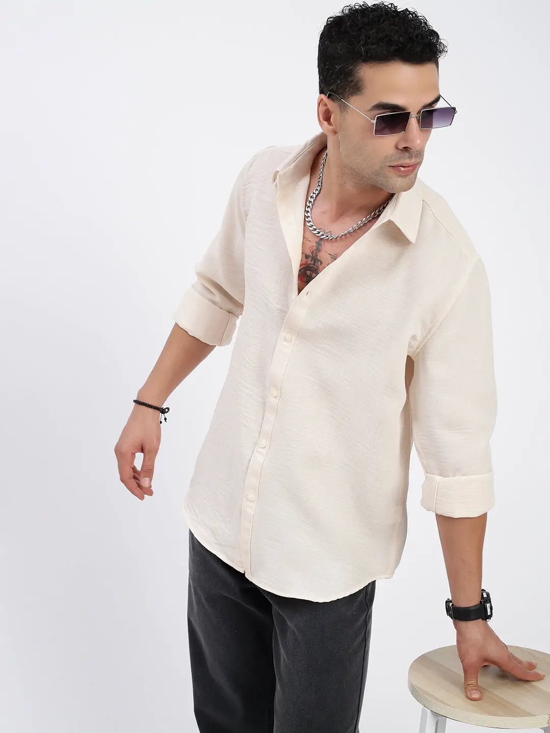 Buy Men's Solid Cream Slim Fit Shirt | Showoffff Buy Men's Solid Cream Slim Fit Shirt | Showoffff