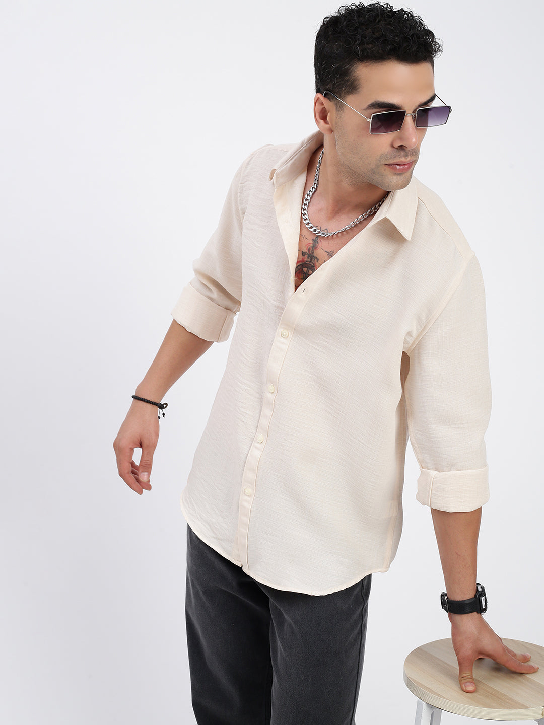 Men Solid Cream Slim Fit Shirt