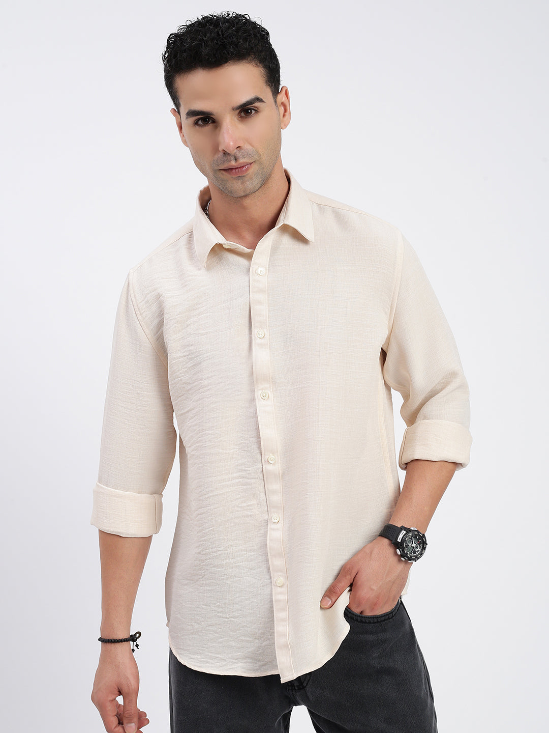 Men Solid Cream Slim Fit Shirt