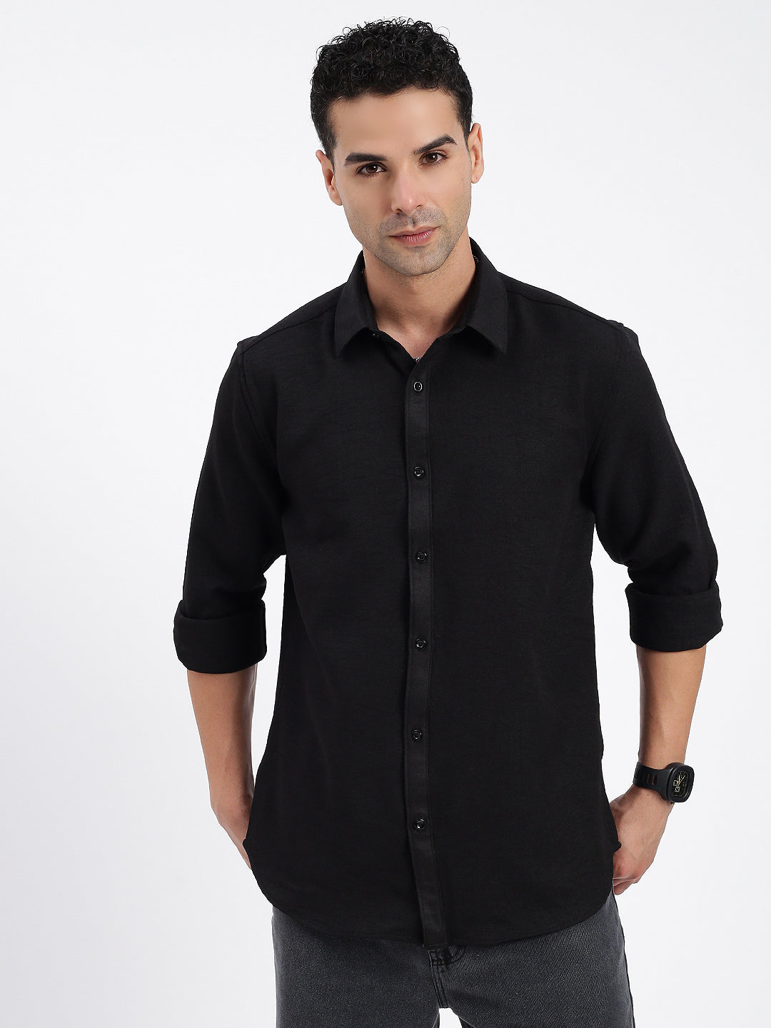 Men Solid Black Slim Fit Shirt