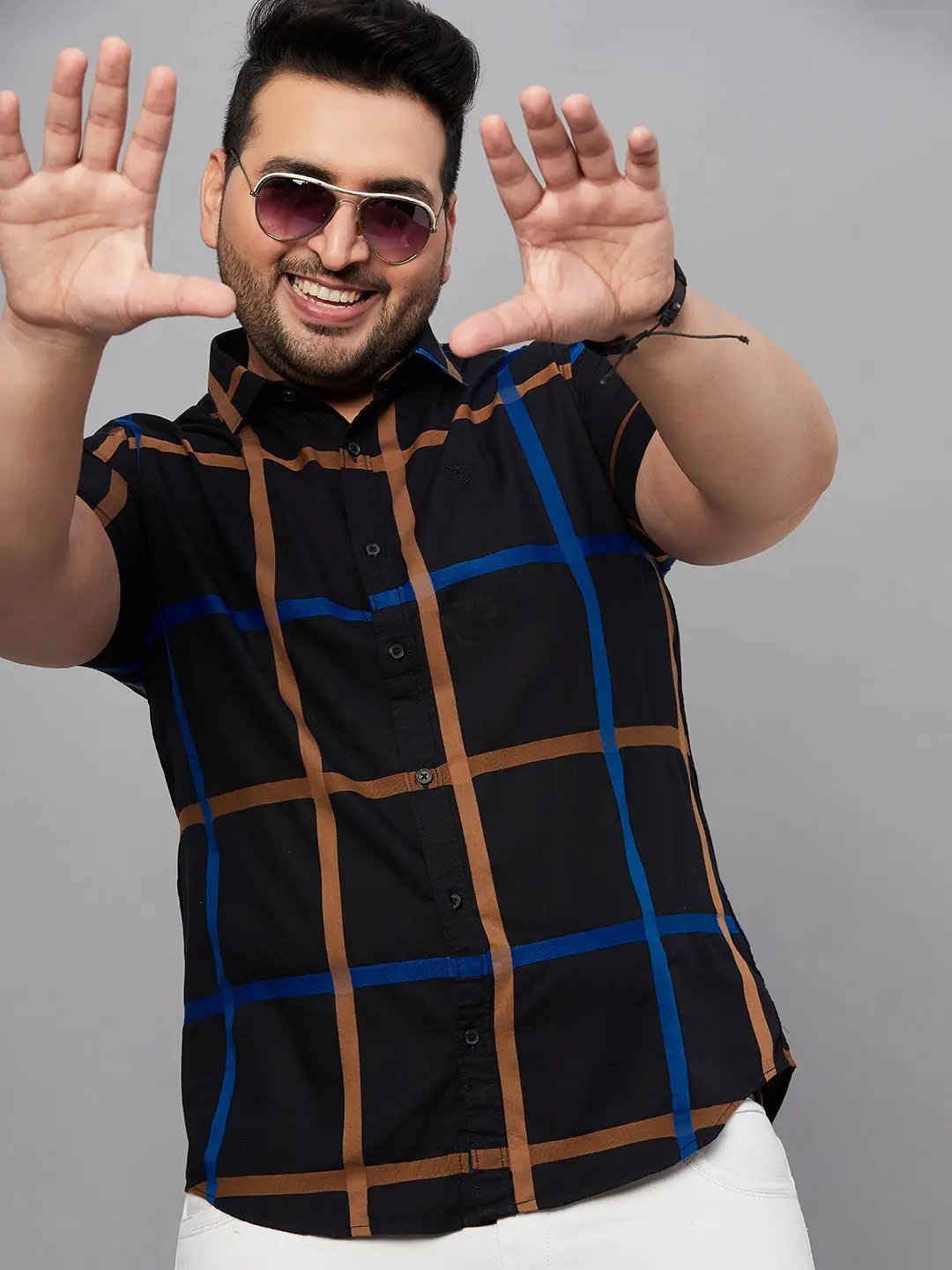 Men's Spread Collar Checked Black Shirt