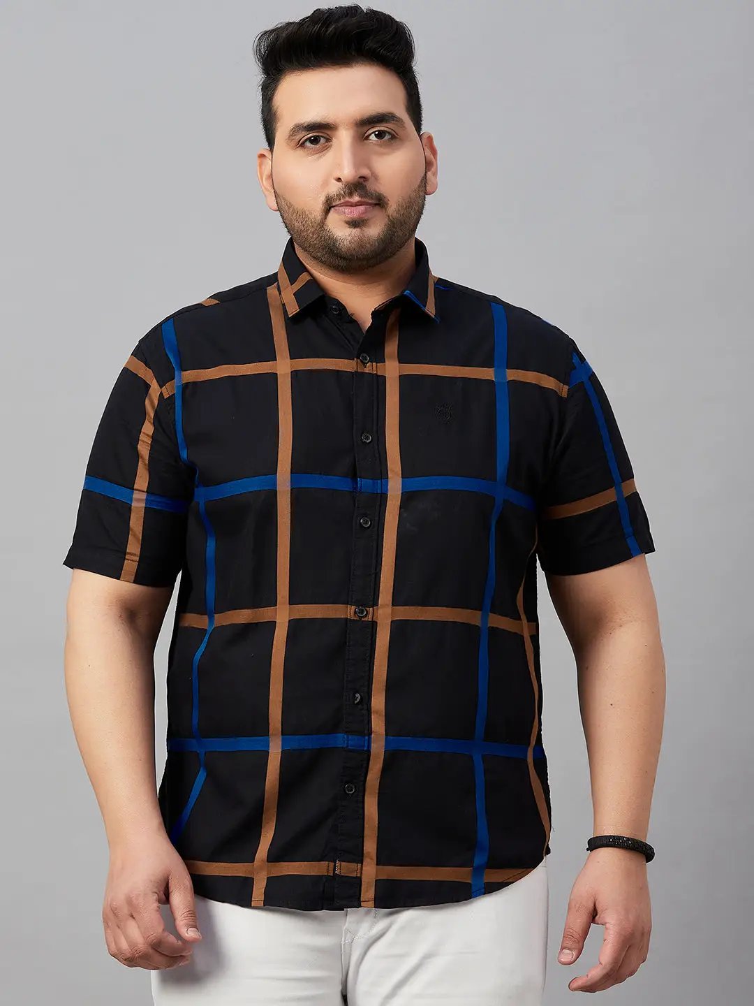 Men's Spread Collar Checked Black Shirt