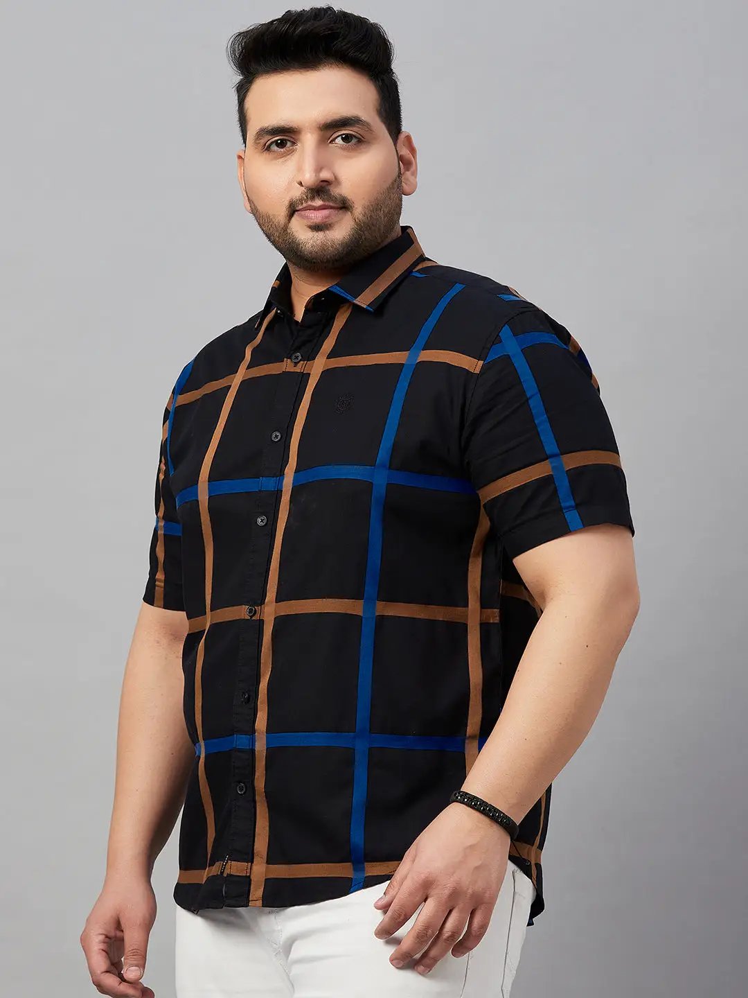 Men's Spread Collar Checked Black Shirt