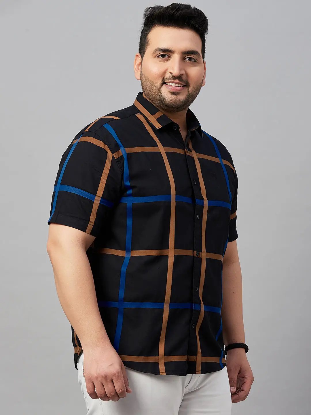 Men's Spread Collar Checked Black Shirt
