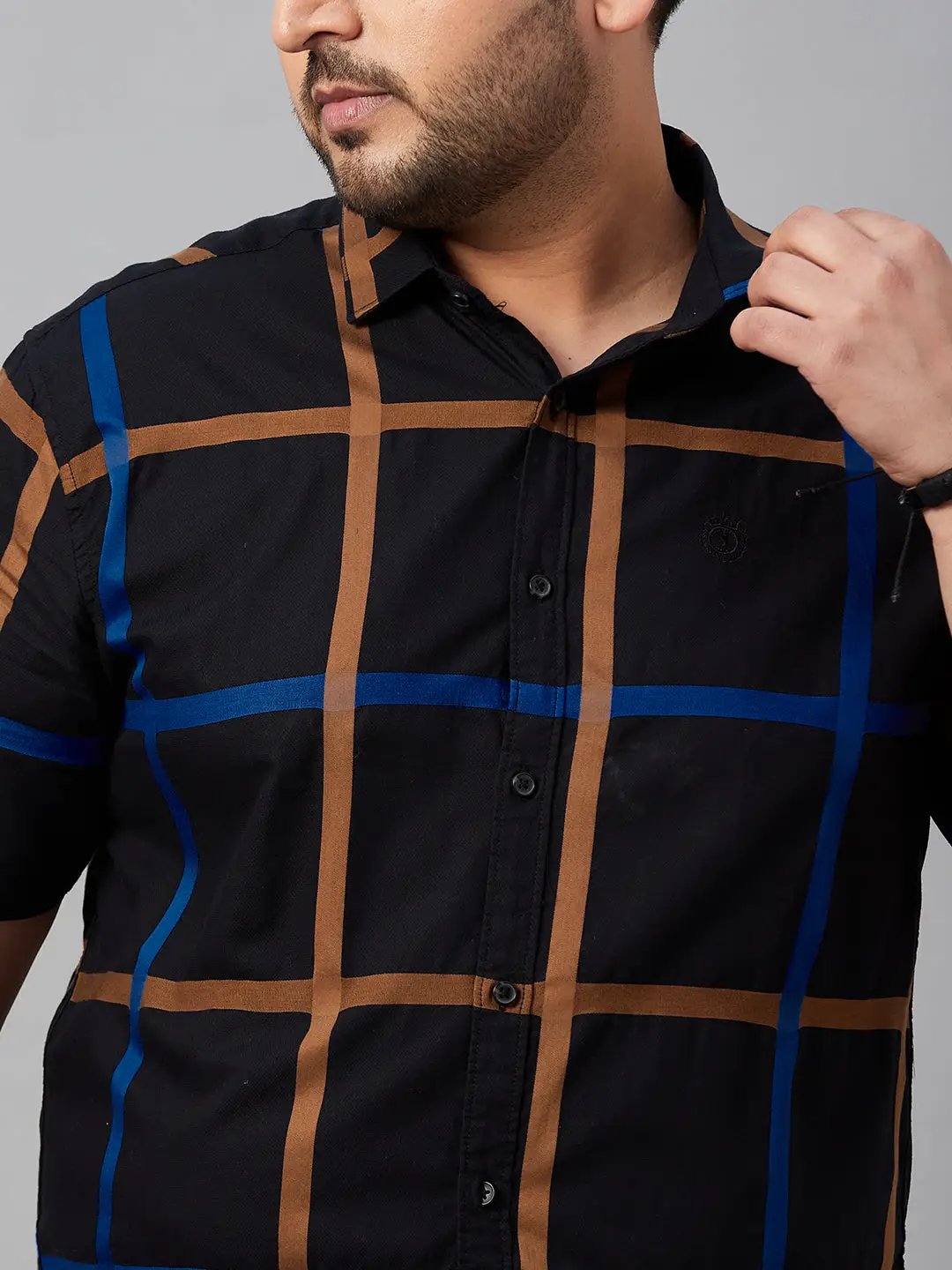Men's Spread Collar Checked Black Shirt