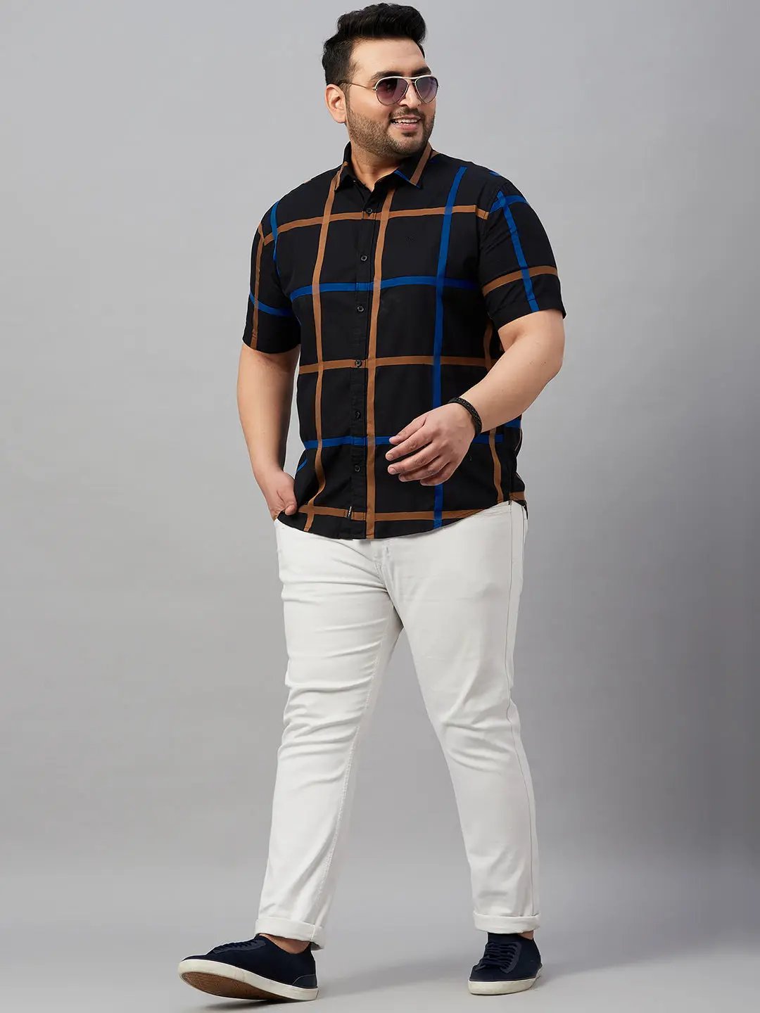 Men's Spread Collar Checked Black Shirt