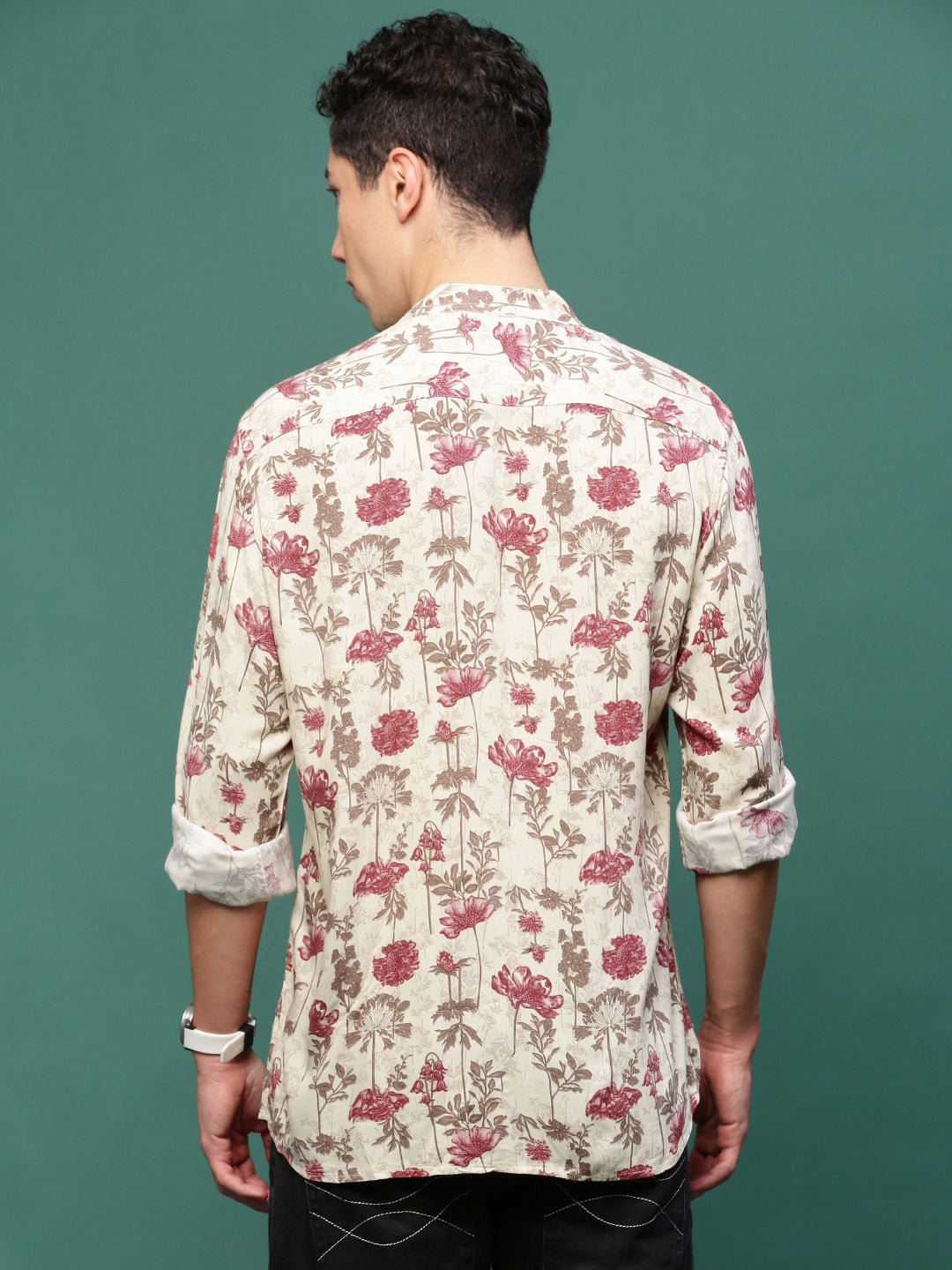 Men Cream Floral Slim Fit Shirt