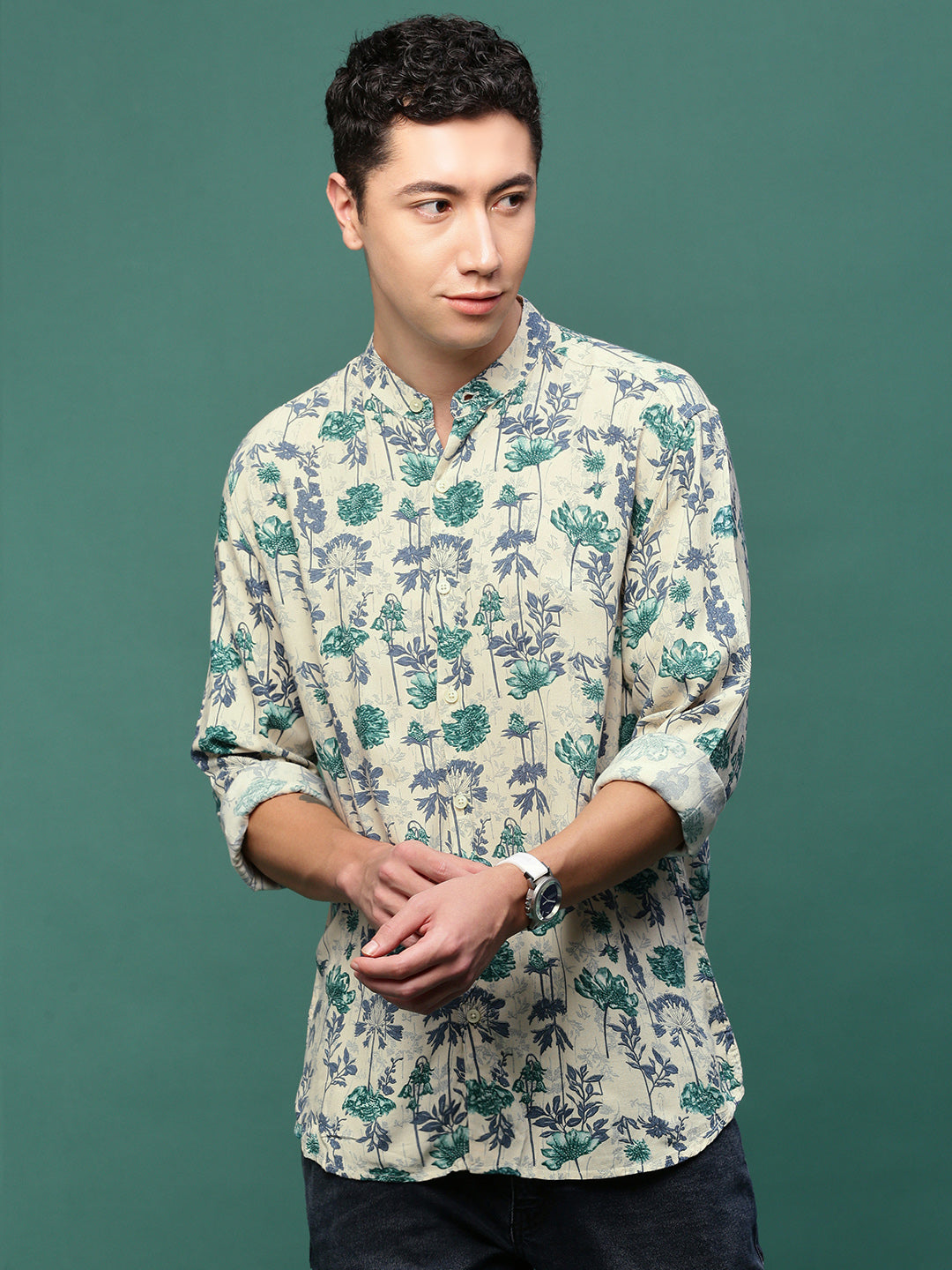 Men Cream Floral Slim Fit Shirt