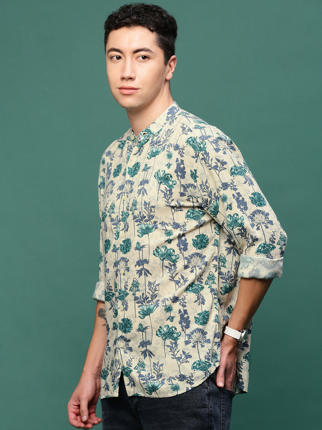 Men Cream Floral Slim Fit Shirt