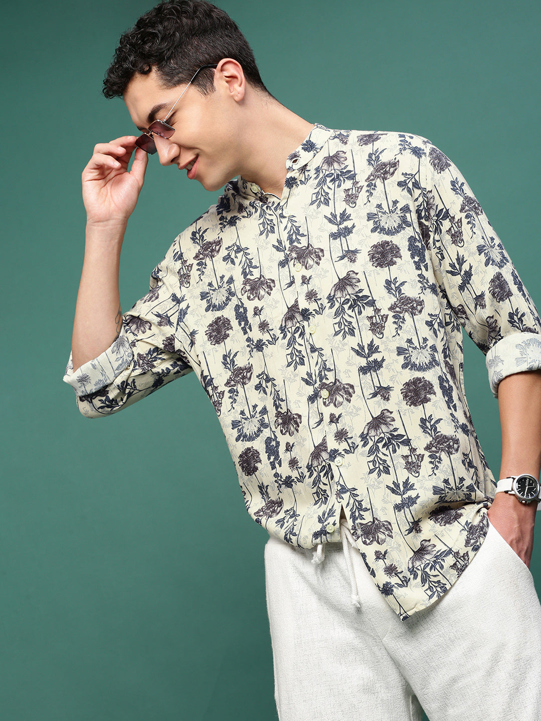 Men Cream Floral Slim Fit Shirt