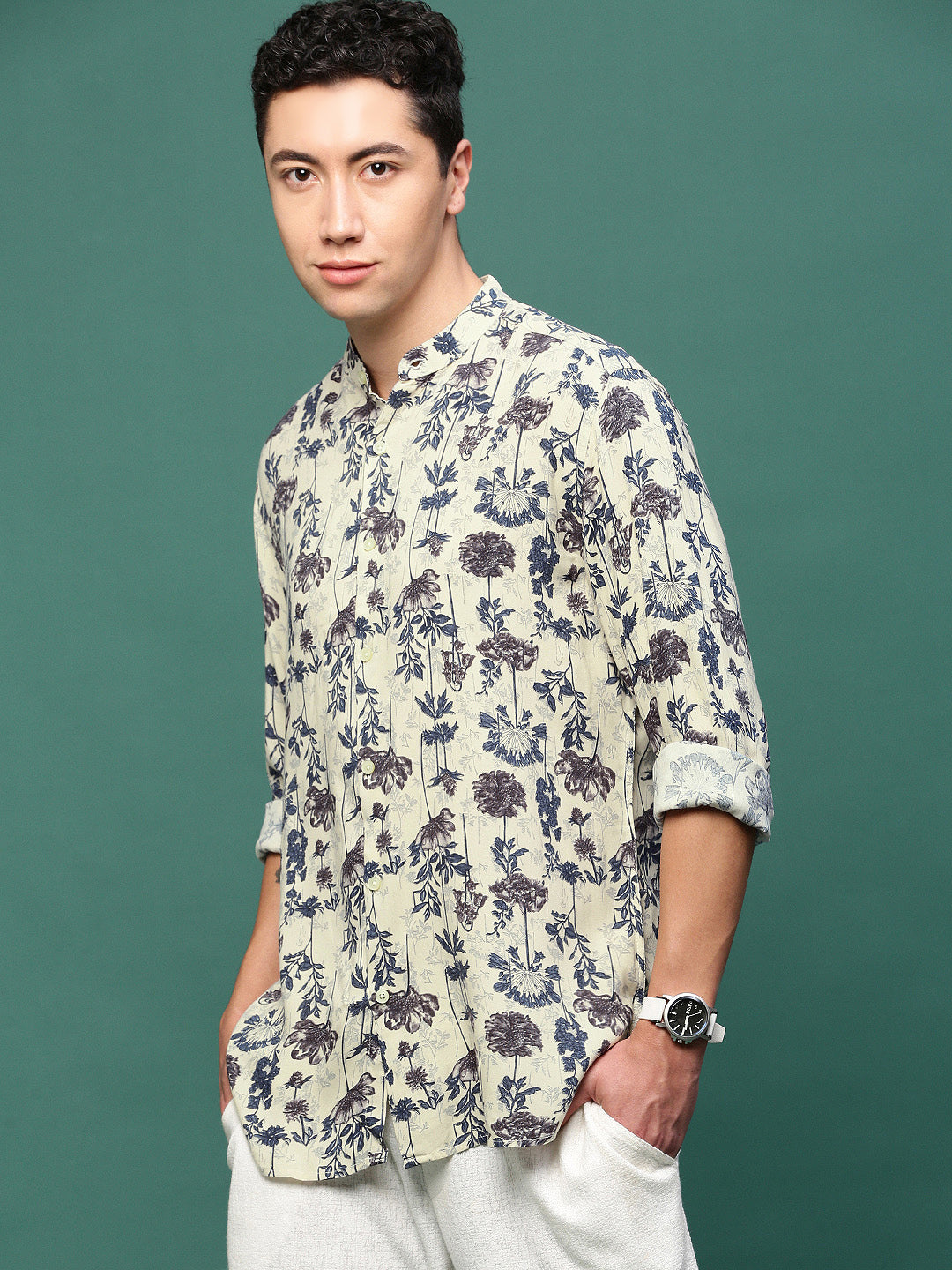 Men Cream Floral Slim Fit Shirt