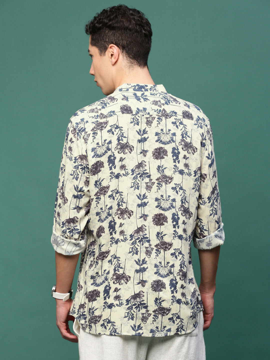 Men Cream Floral Slim Fit Shirt