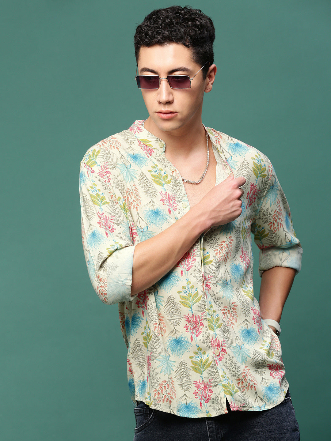 Men Cream Floral Slim Fit Shirt