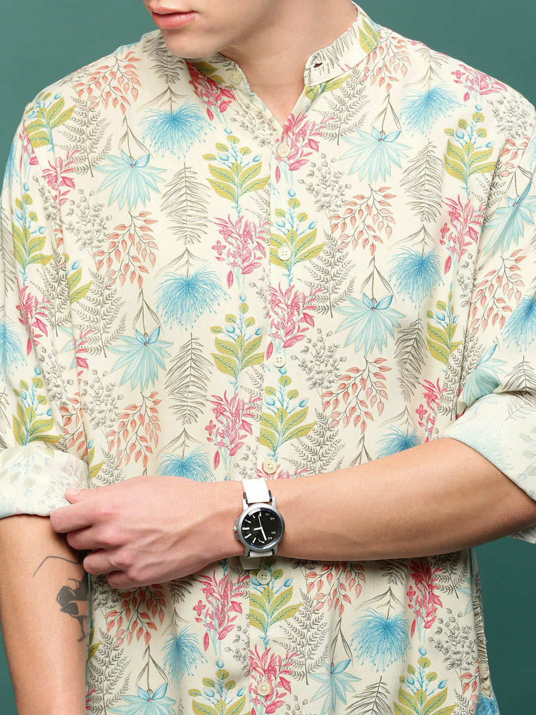 Men Cream Floral Slim Fit Shirt