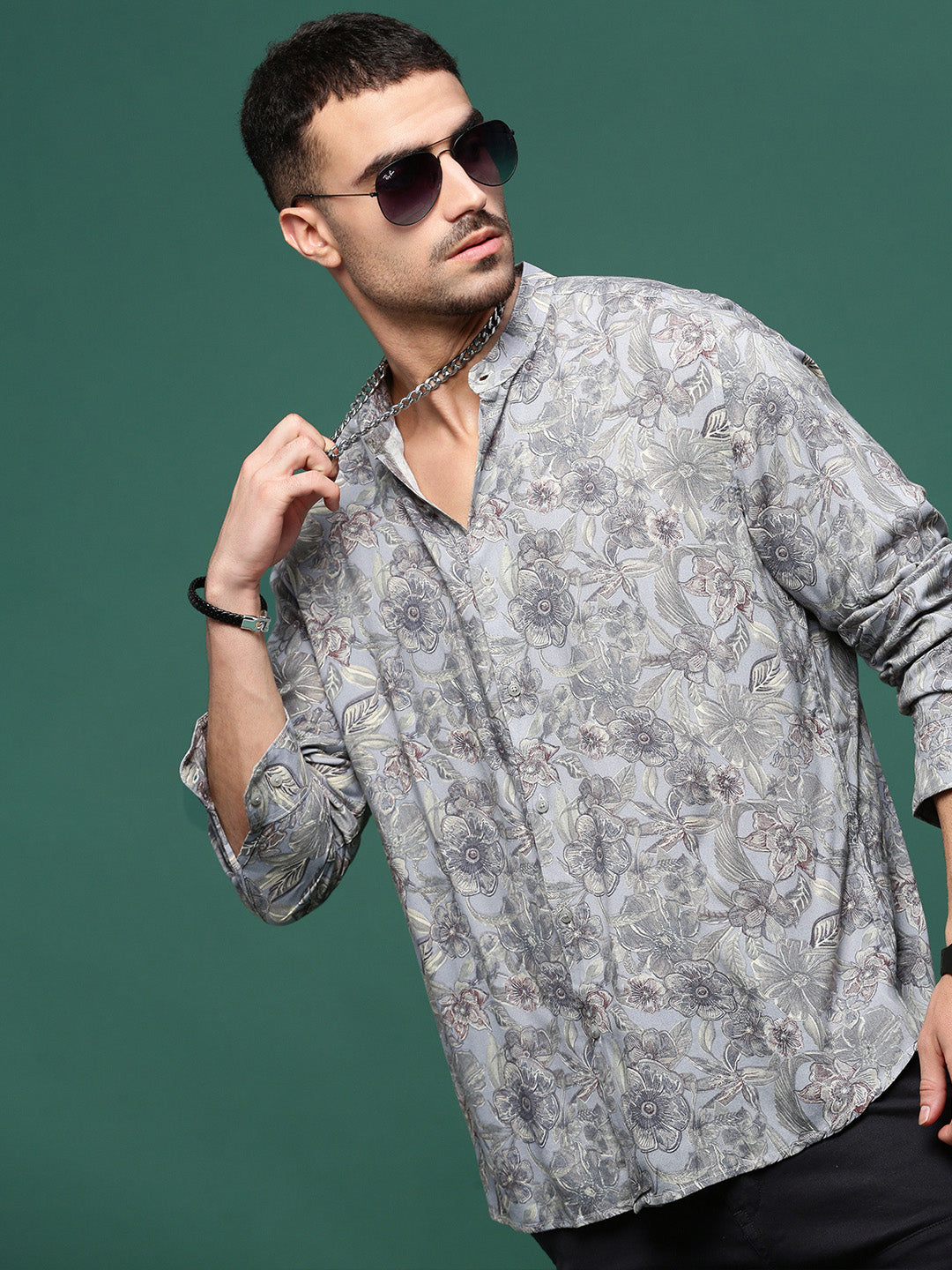 Men Grey Floral Slim Fit Shirt