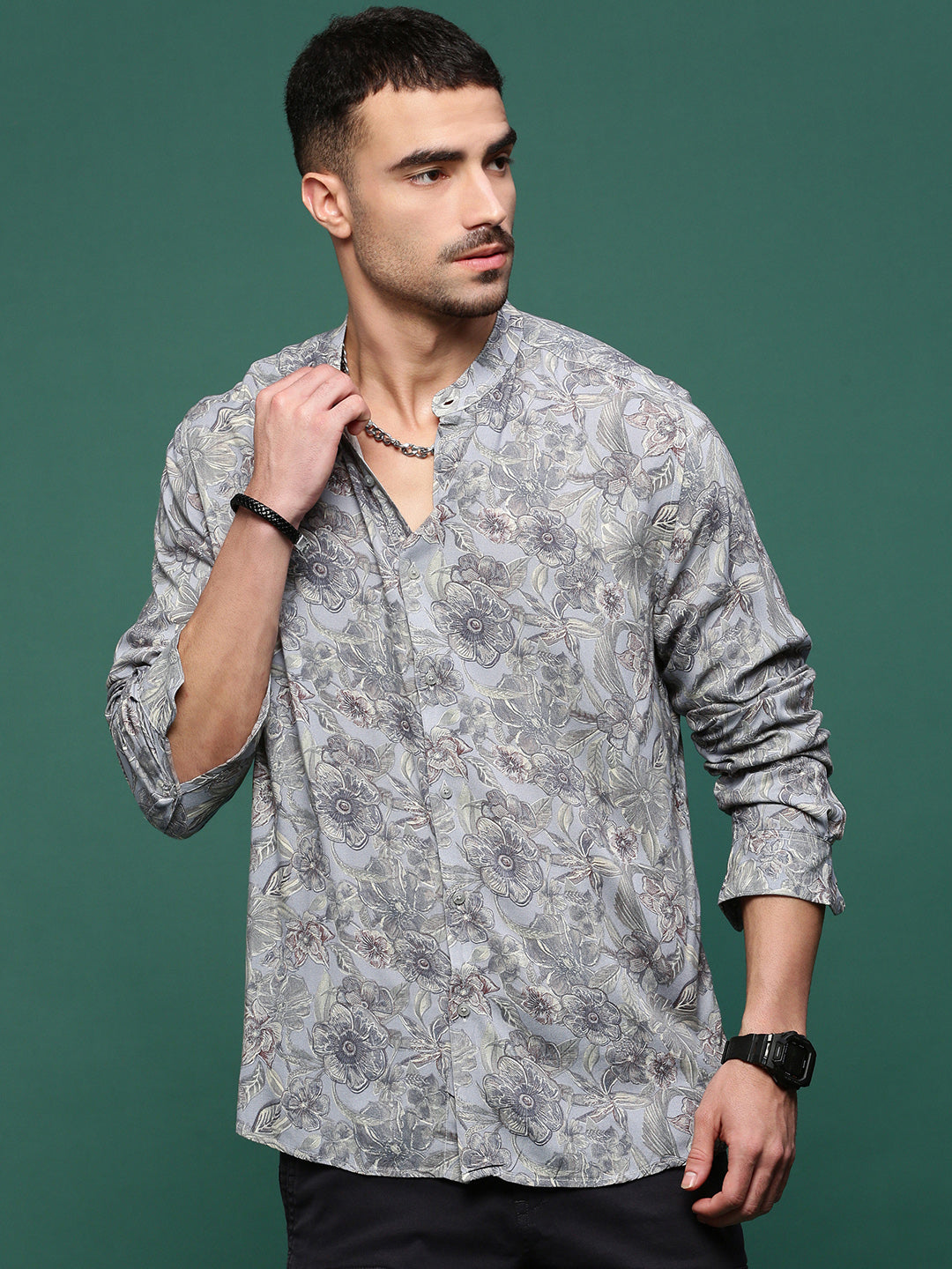 Men Grey Floral Slim Fit Shirt