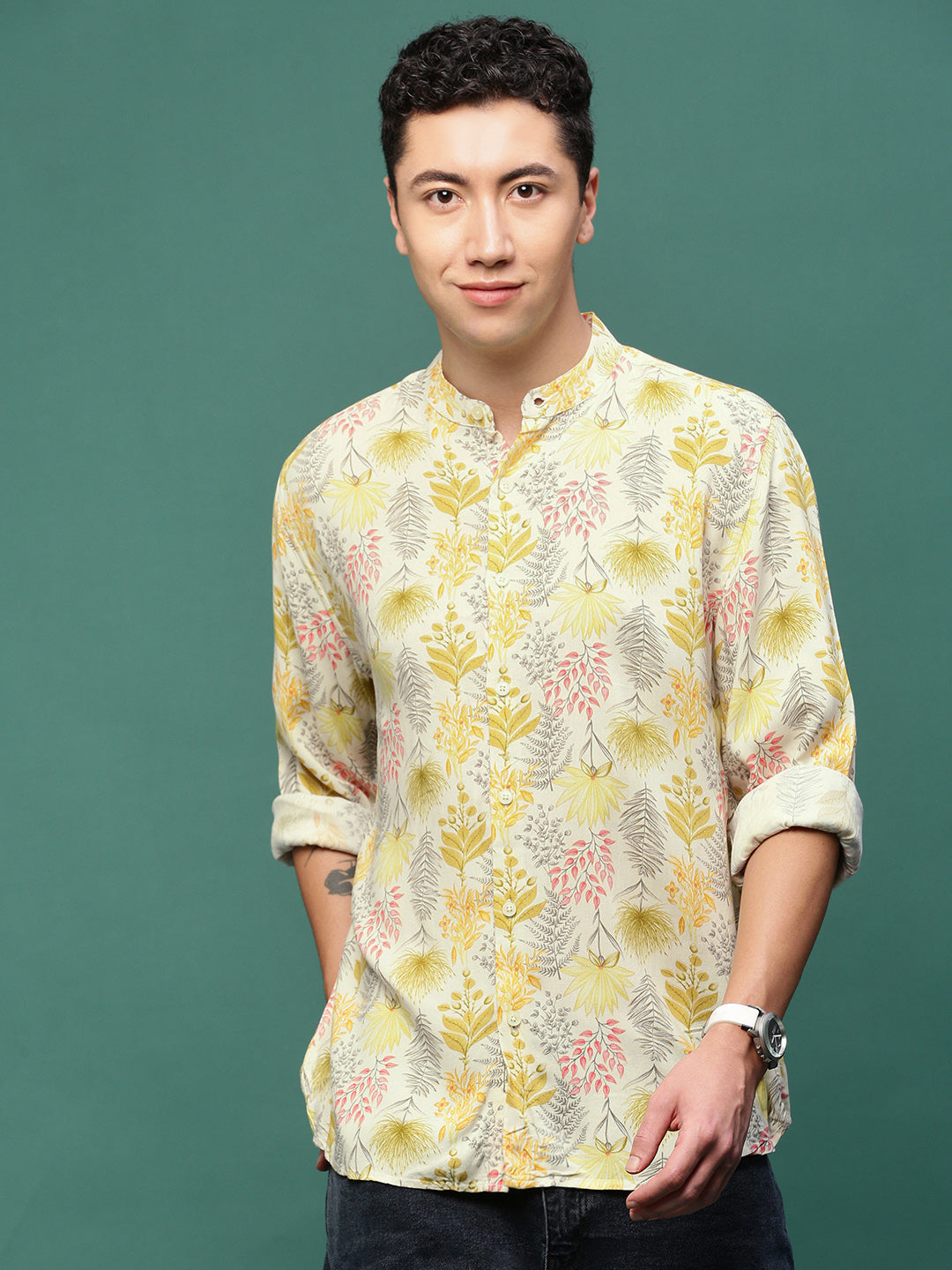 Men Cream Floral Slim Fit Shirt