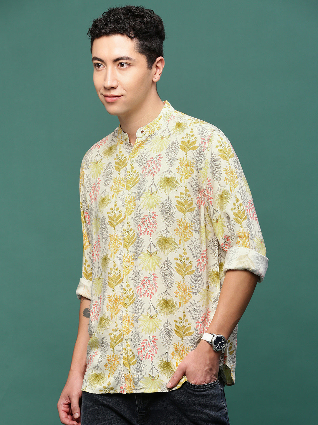 Men Cream Floral Slim Fit Shirt