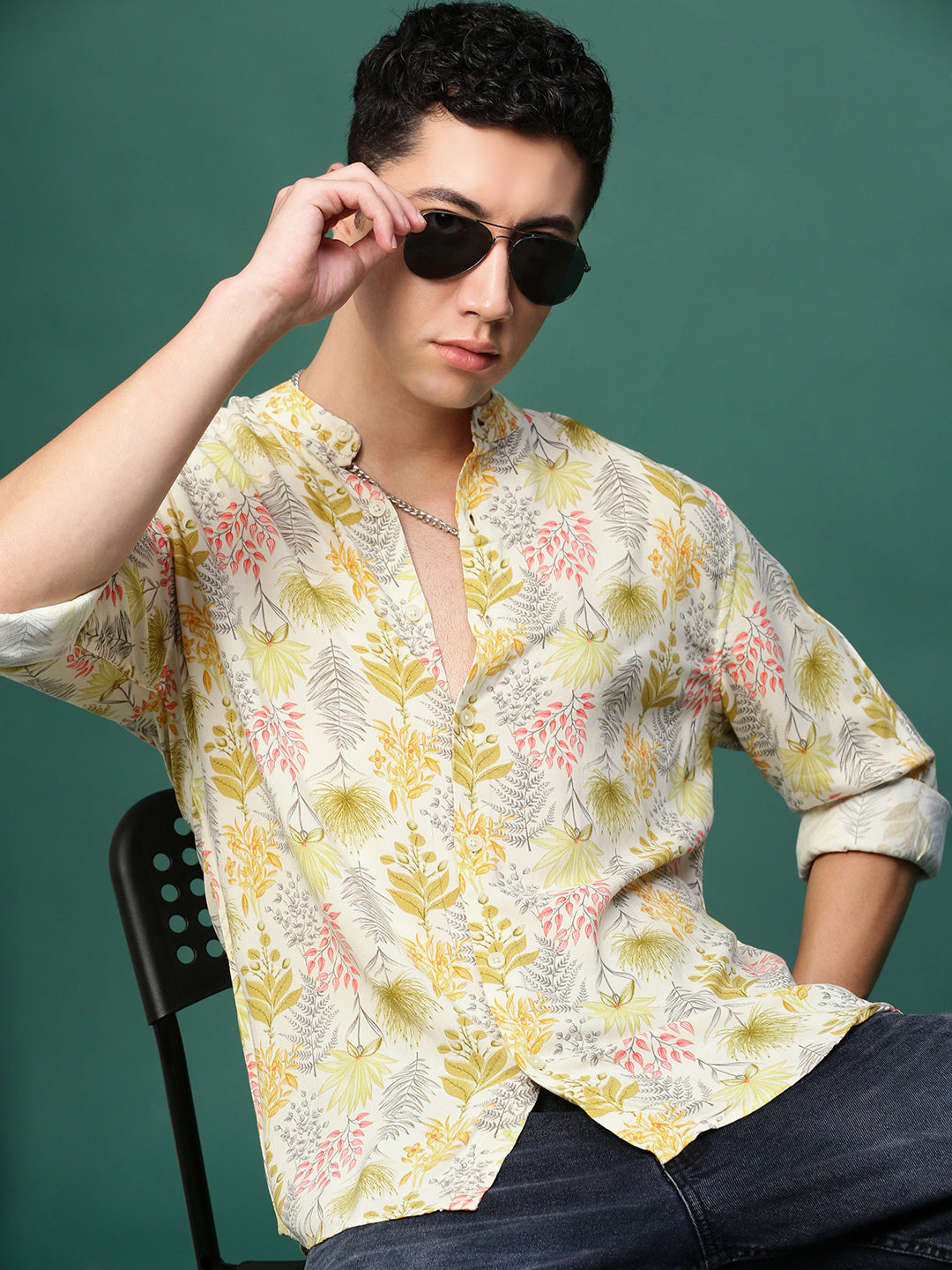 Men Cream Floral Slim Fit Shirt