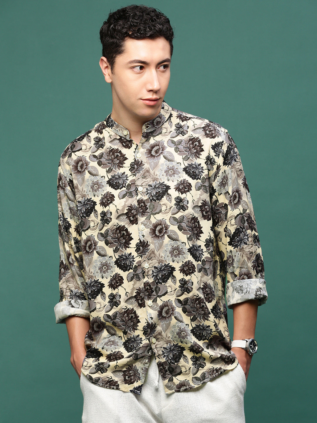 Men Charcoal Floral Slim Fit Shirt