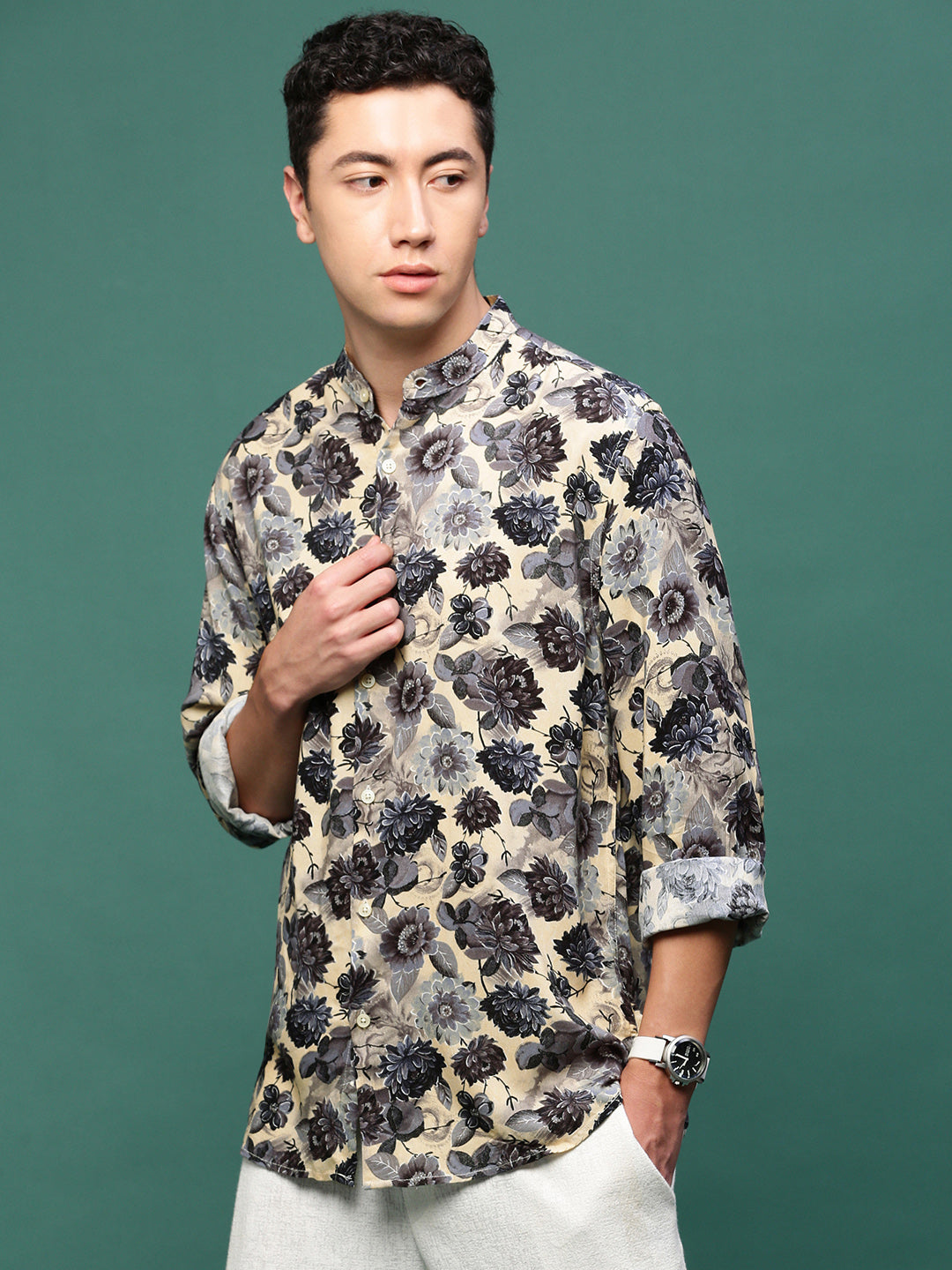 Men Charcoal Floral Slim Fit Shirt