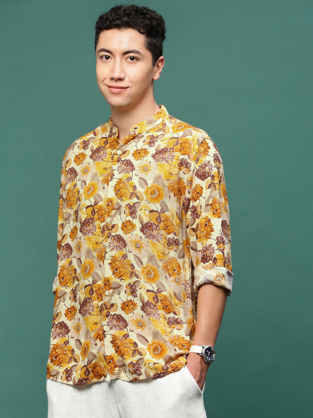 Men Orange Floral Slim Fit Shirt