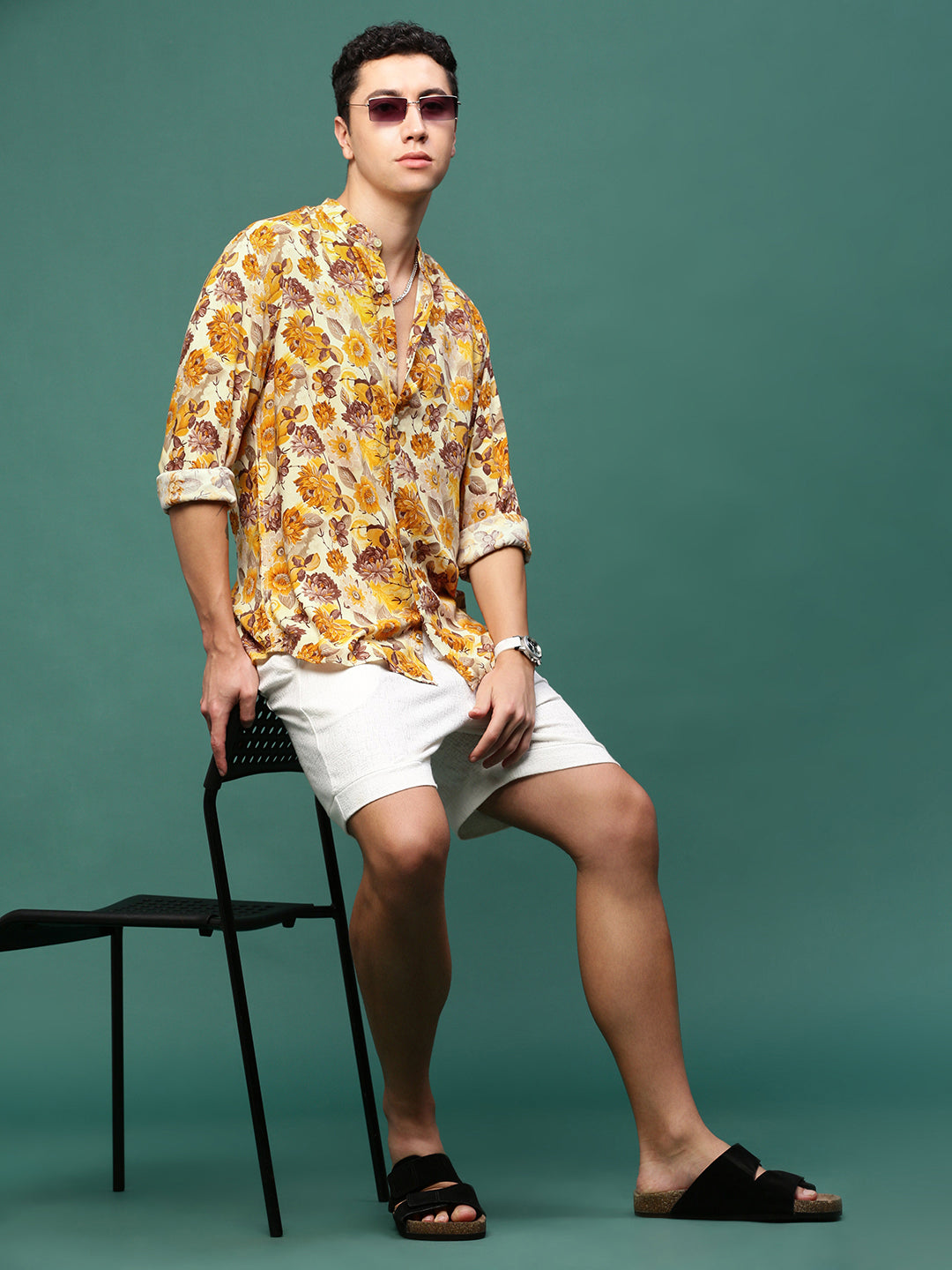 Men Orange Floral Slim Fit Shirt