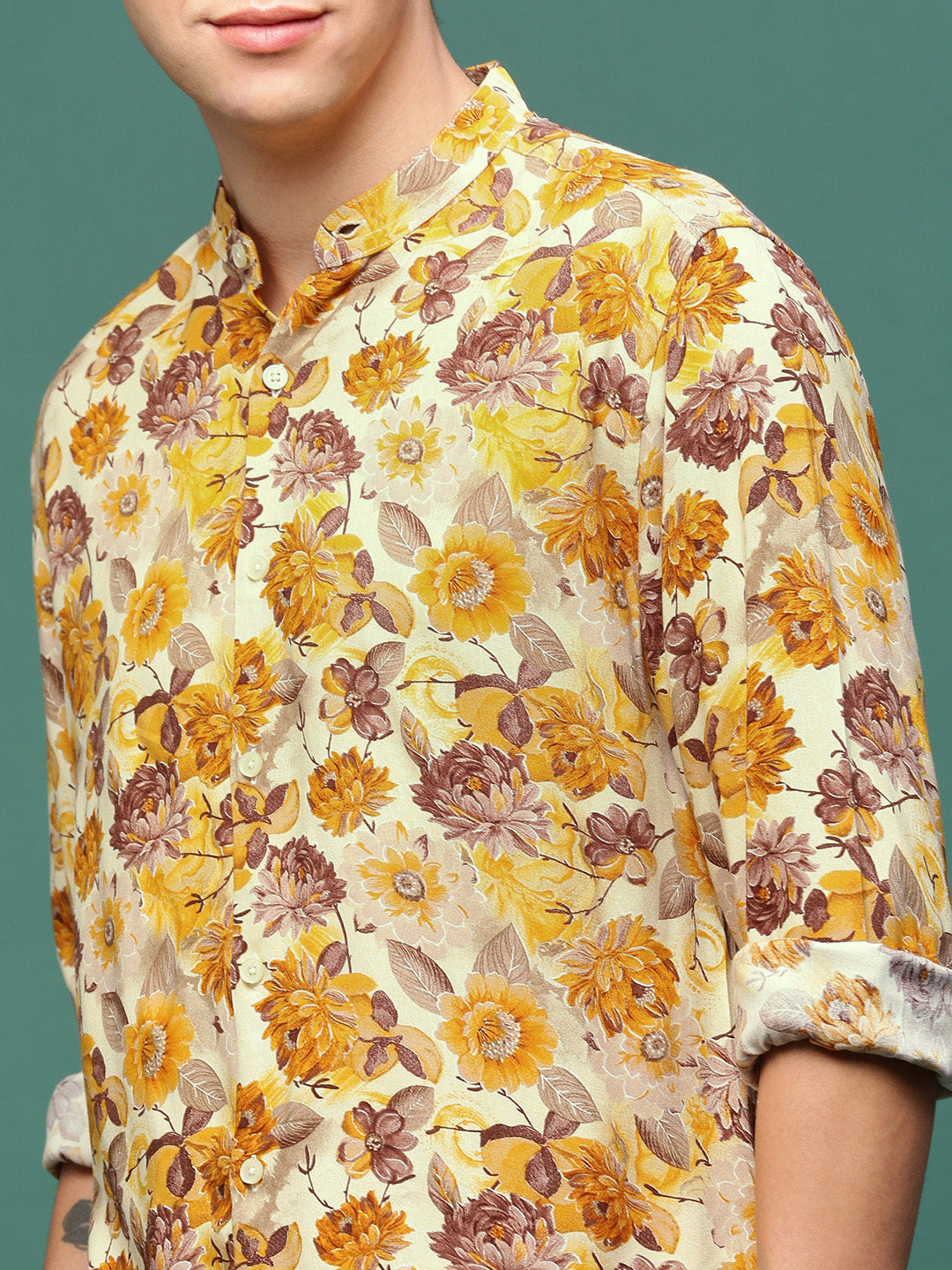 Men Orange Floral Slim Fit Shirt