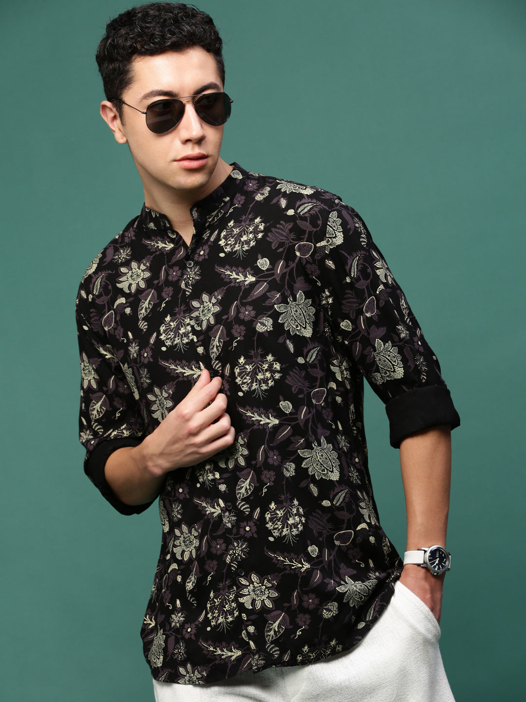 Men Black Floral Slim Fit Shirt