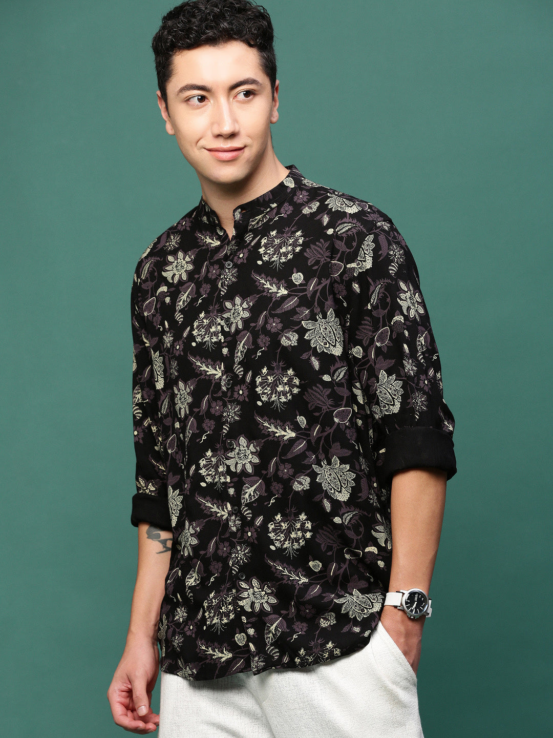 Men Black Floral Slim Fit Shirt