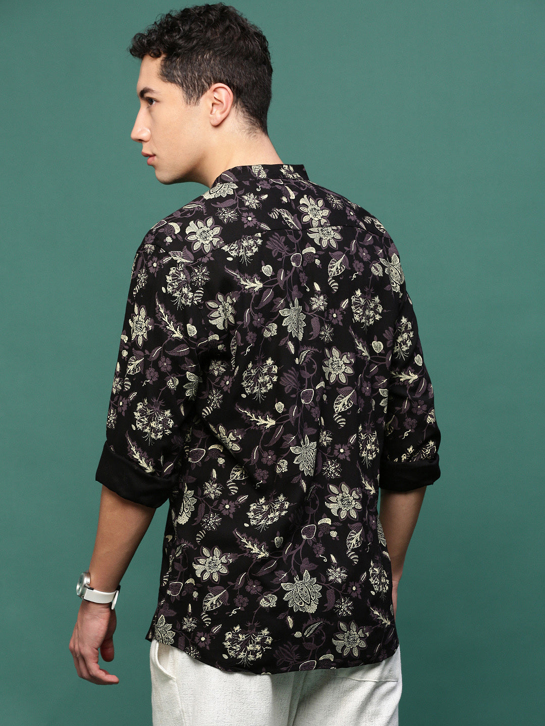 Men Black Floral Slim Fit Shirt