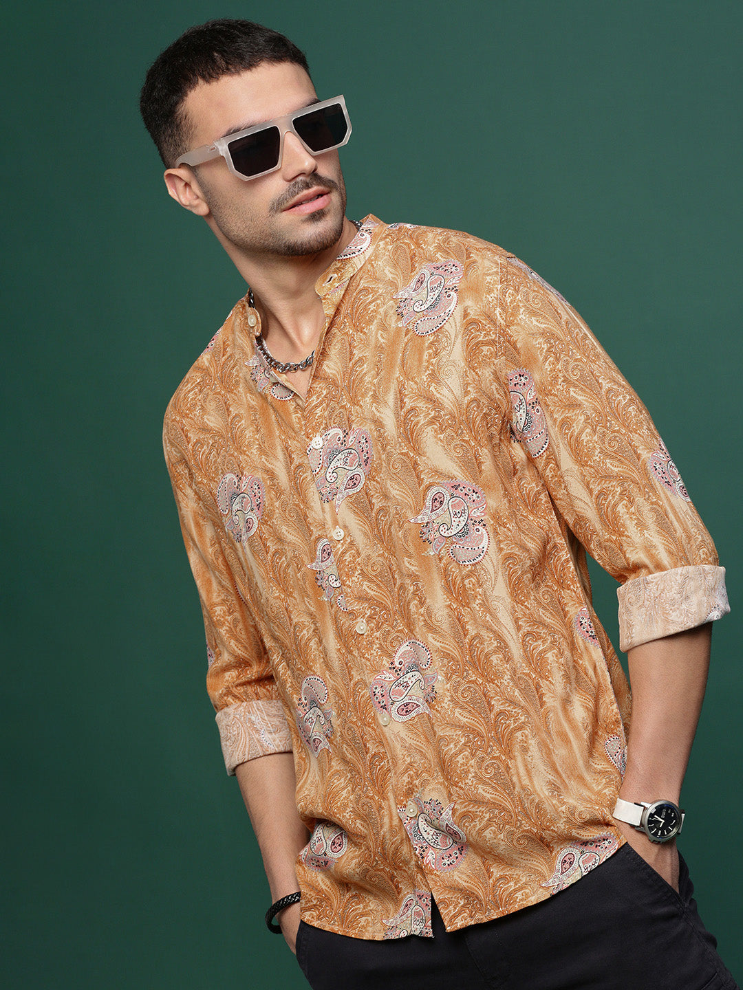 Men Mustard Graphic Slim Fit Shirt