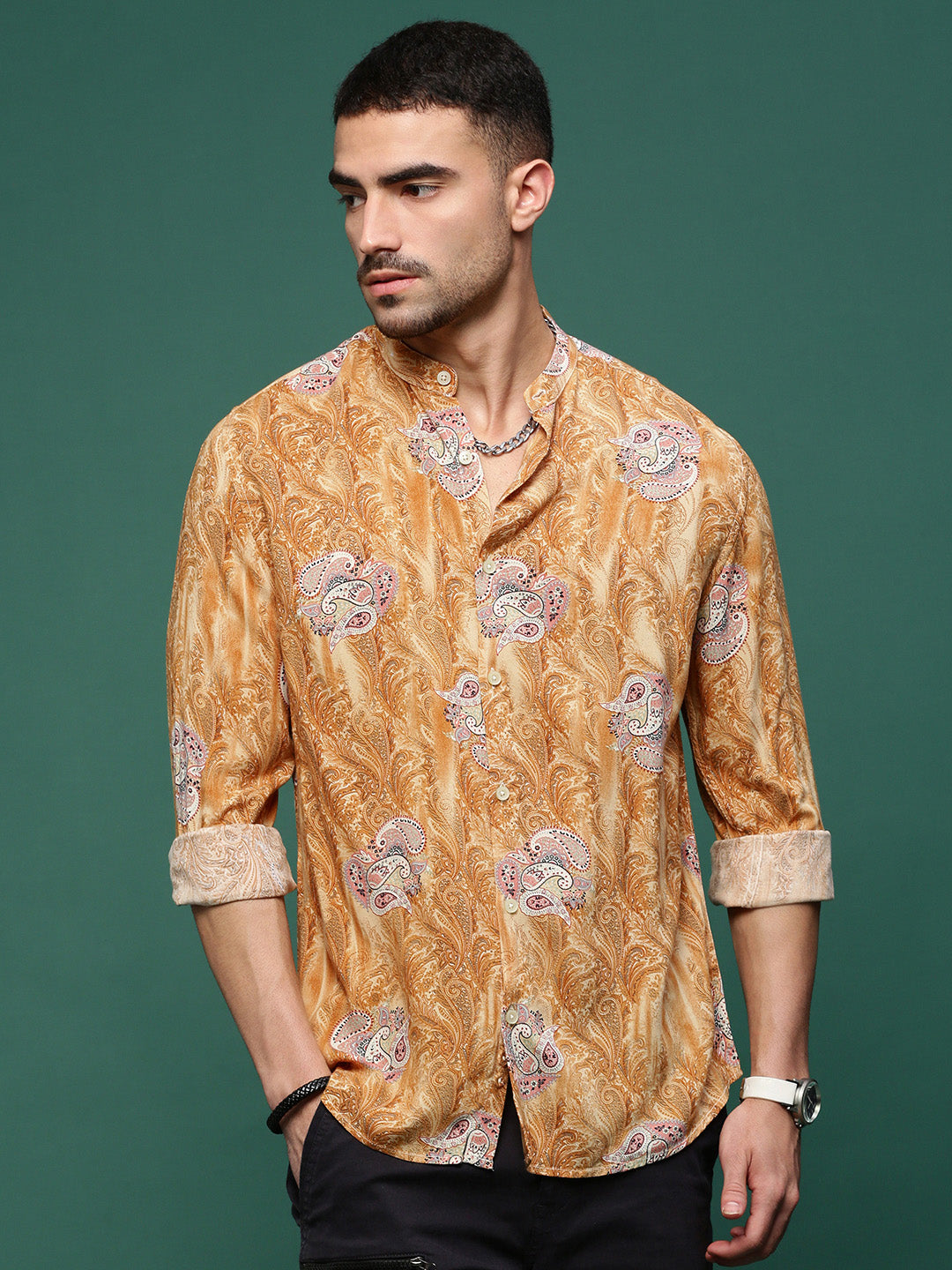 Men Mustard Graphic Slim Fit Shirt