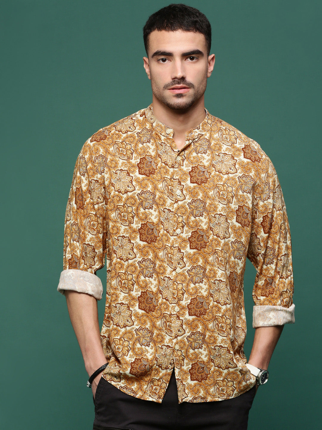 Men Mustard Graphic Slim Fit Shirt