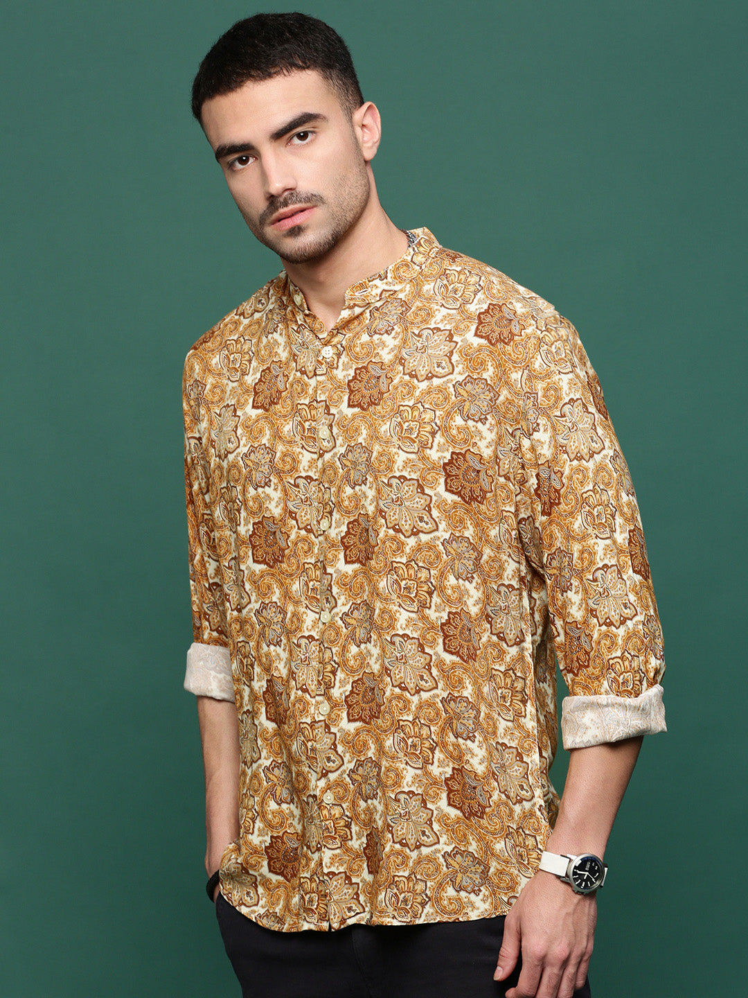 Men Mustard Graphic Slim Fit Shirt