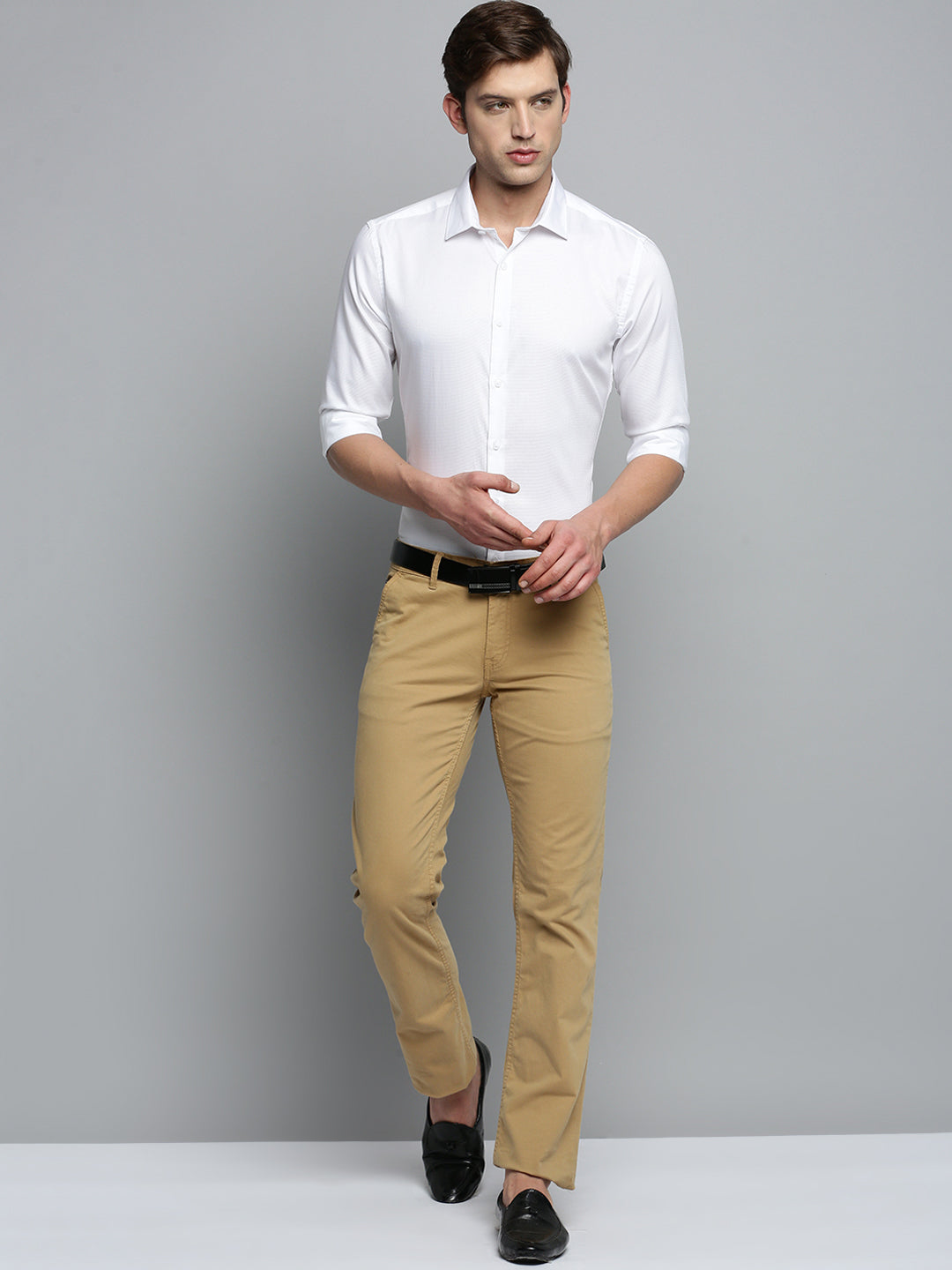 Men Spread Collar Self Design White Shirt