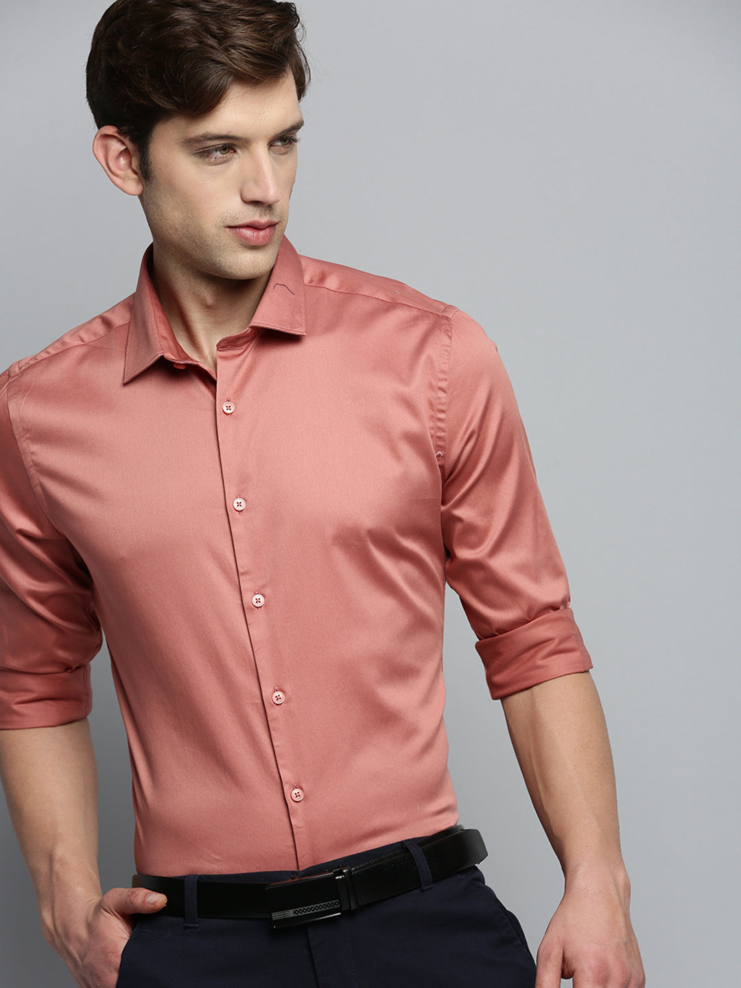 Men Spread Collar Solid Coral Shirt