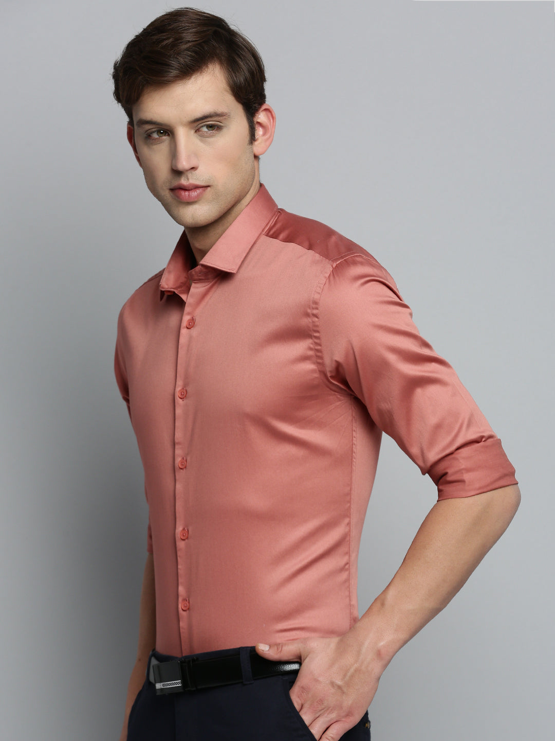 Men Spread Collar Solid Coral Shirt