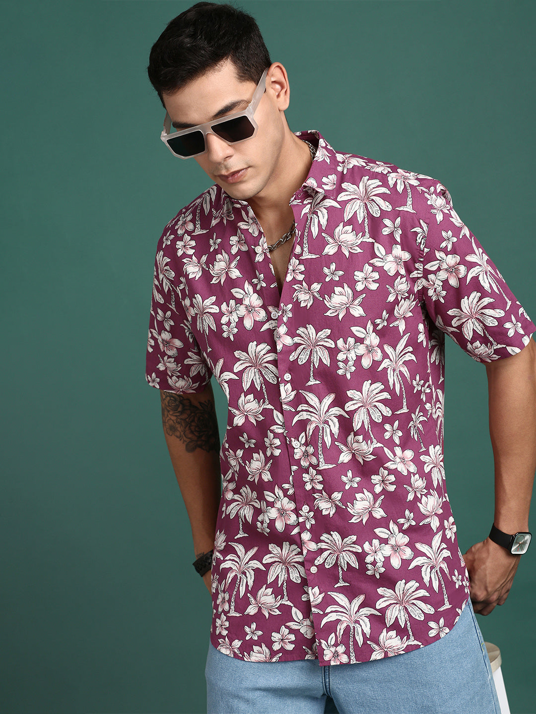 Men Floral Pink Slim Fit Shirt