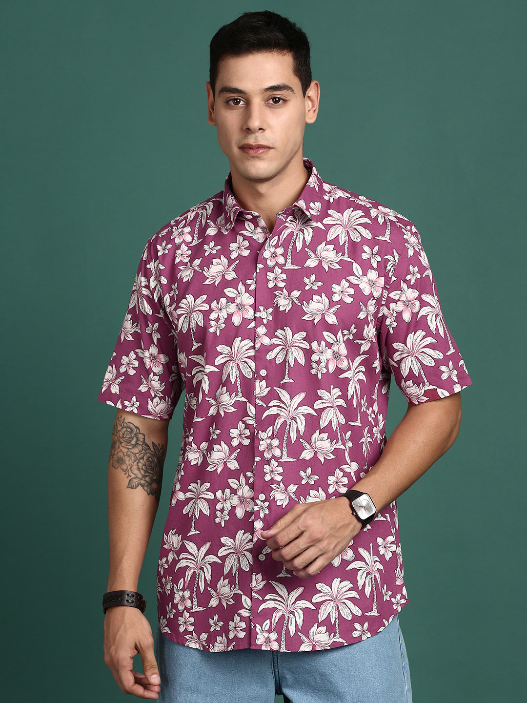 Men Floral Pink Slim Fit Shirt