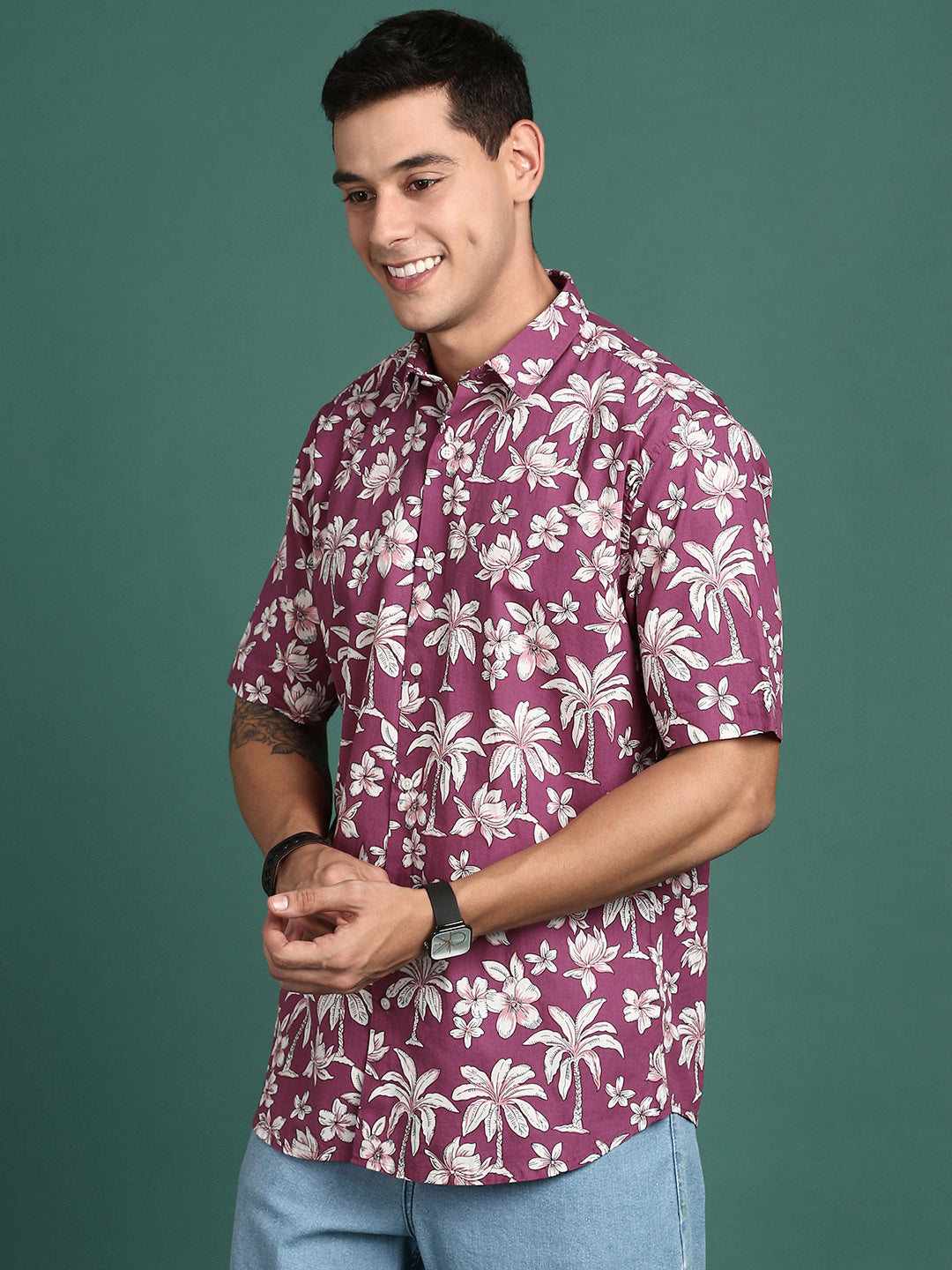 Men Floral Pink Slim Fit Shirt