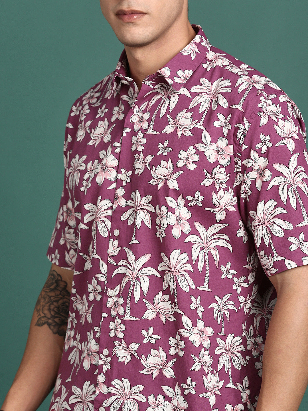 Men Floral Pink Slim Fit Shirt