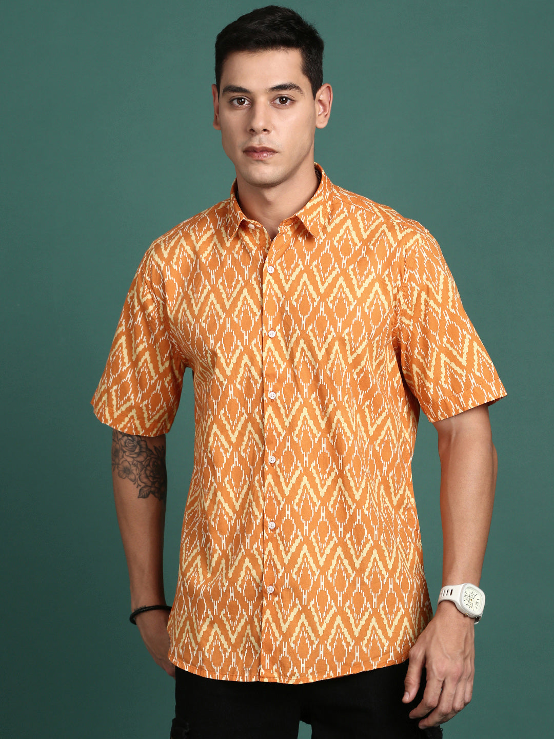 Men Abstract Orange Slim Fit Shirt