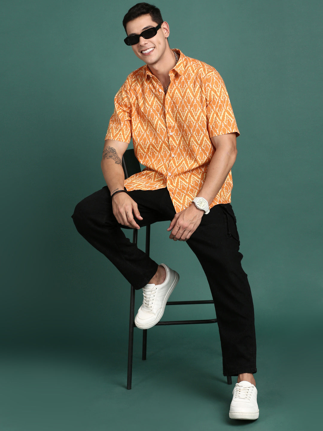 Men Abstract Orange Slim Fit Shirt