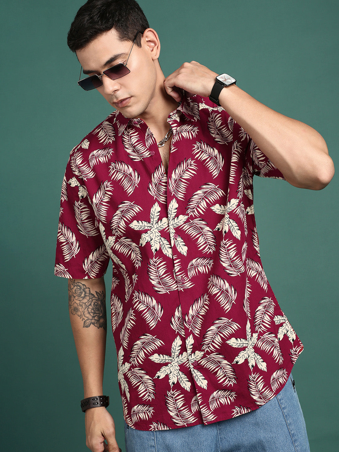 Men Floral Maroon Slim Fit Shirt